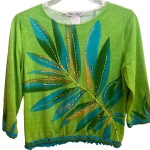 VTG Nancy Bolen City Girl Green Floral Beaded Tropical Resort Wear Sweater Large